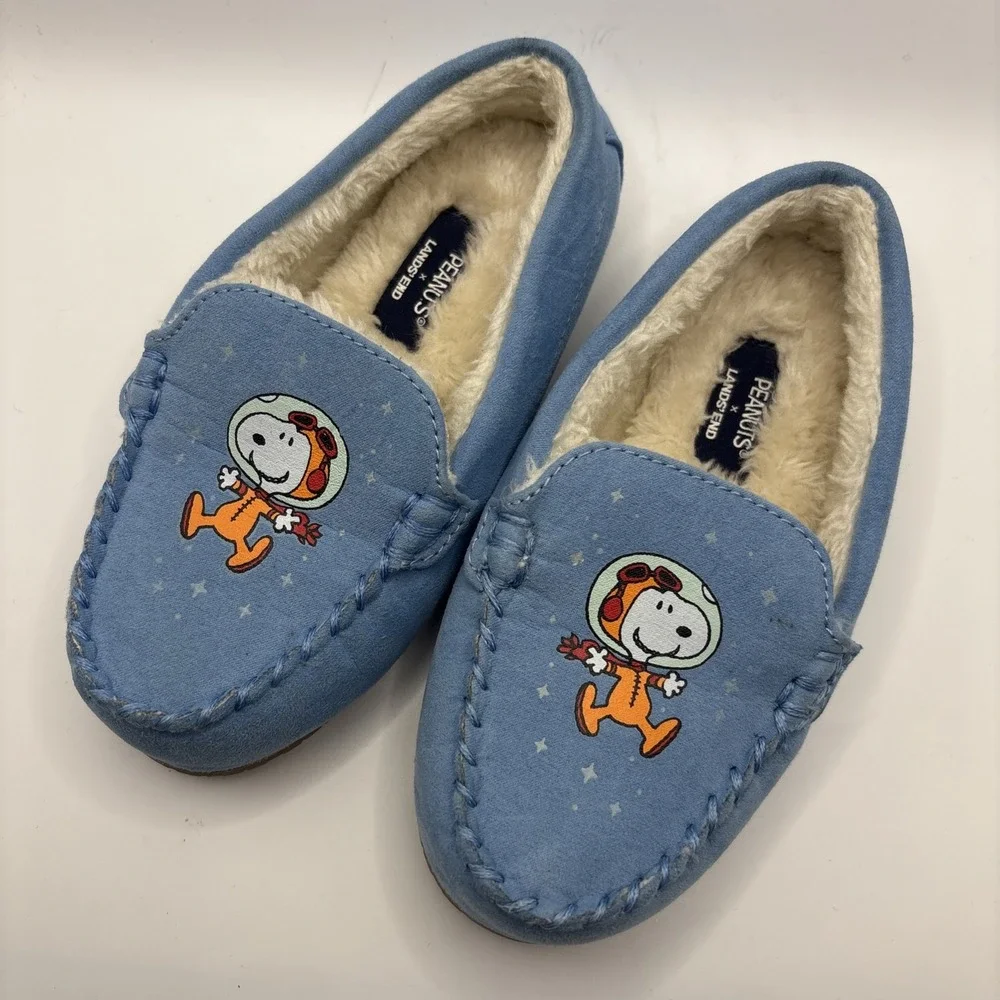 Lands' End Slippers Youth 12 Blue Peanuts Snoopy Woodstock Fur Glow In The Dark‎